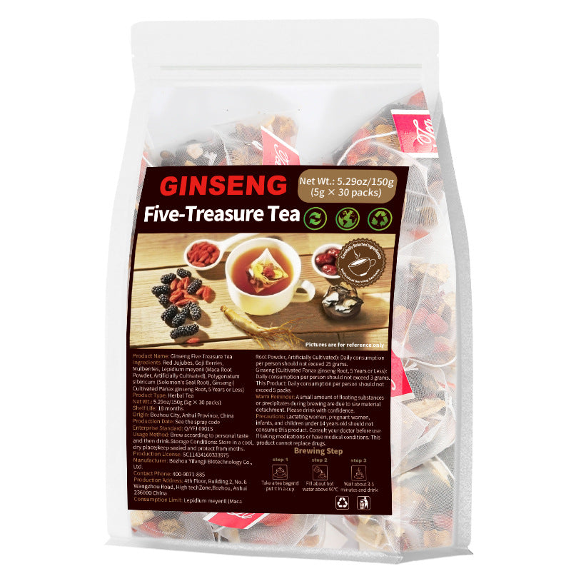 Ginseng Five Treasure TeaWolfberry, Mulberry, Red Date, Maca Combination Tea Bag. 30 bags per pack.