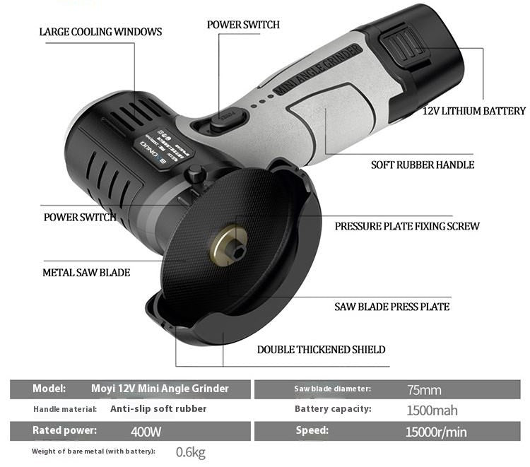 Portable lithium battery cordless angle grinder + 2 Batteries